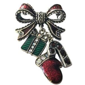 Vtg TC Tanya Creations Pewter Enamel Bow Present Mitten Dangle Pin Brooch